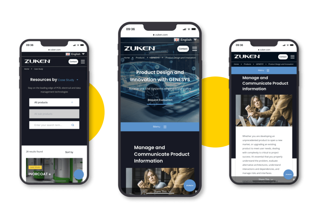 Mobile screen views of Zuken website