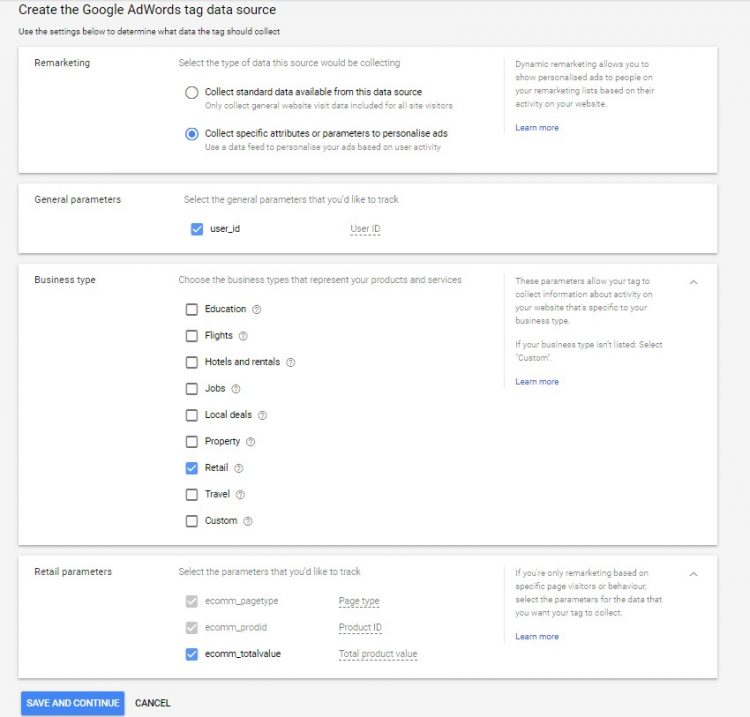 Create the Google AdWords tag data source