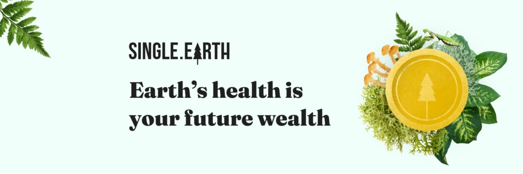 Single Earth Logo against a floral image with the test "Earth's health is your financial wealth"